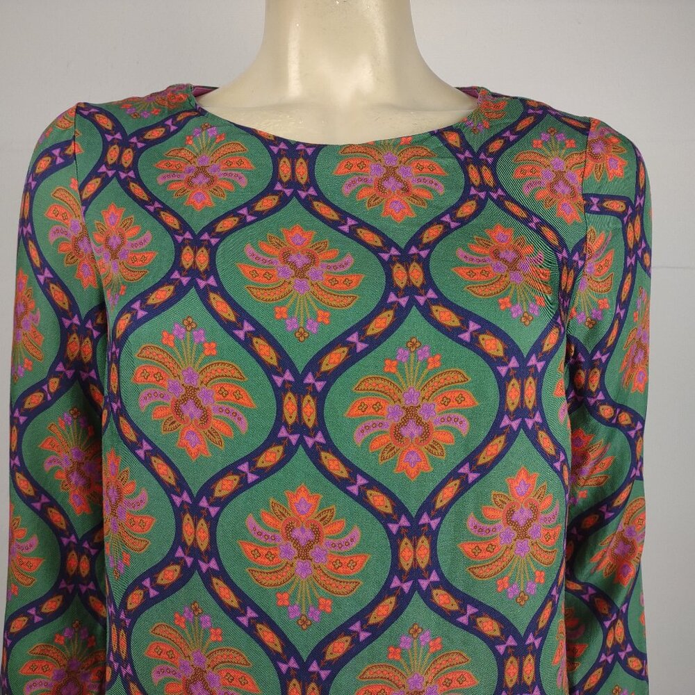 Boden green multicolor print round neck 3/4 sleeve top blouse ladies size 6 - Picture 2 of 9